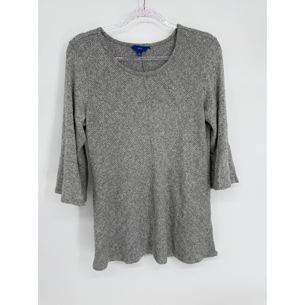 Apt 9 Womens Grey Marled Chevron Ribbed Bell Sleeve Scoop Neck Knit Top‎ Sz L